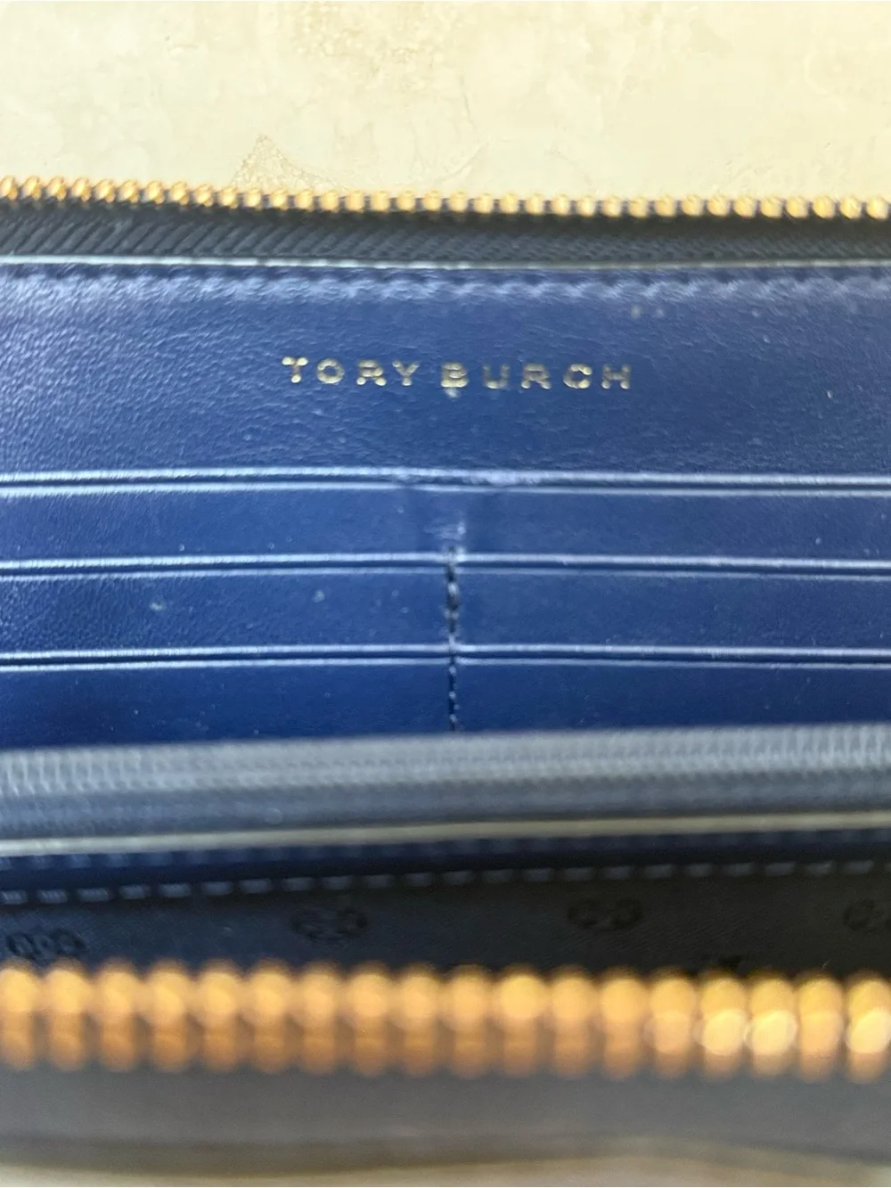 Tory Burch Retro Peace Love Leather Continental Long Zip Wallet Navy